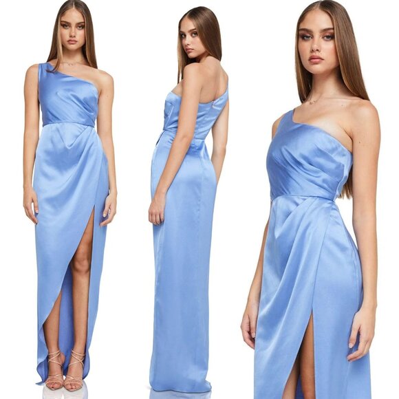 New! Nookie Periwinkle Blue Satin Virtue Gown One Shoulder Maxi Dress 37712 - Picture 1 of 10